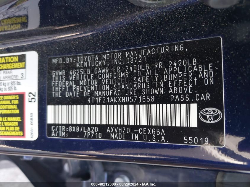 2022 Toyota Camry Xle Hybrid VIN: 4T1F31AKXNU571658 Lot: 40212309