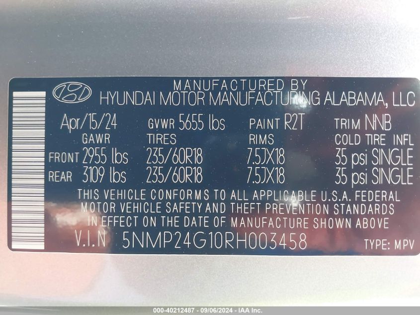 2024 Hyundai Santa Fe Hybrid Sel VIN: 5NMP24G10RH003458 Lot: 40212487