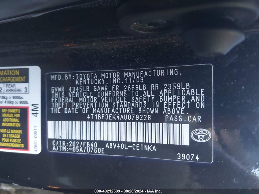 2010 Toyota Camry Le VIN: 4T1BF3EK4AU079228 Lot: 40212509