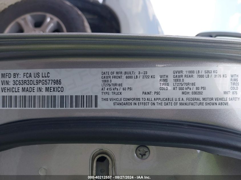 2023 Ram 3500 Big Horn 4X4 6'4 Box VIN: 3C63R3DL9PG577986 Lot: 40212557