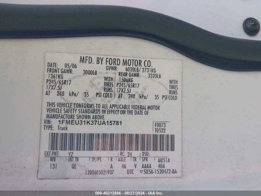 2007 Ford Explorer Sport Trac Xlt VIN: 1FMEU31K37UA15781 Lot: 40212586