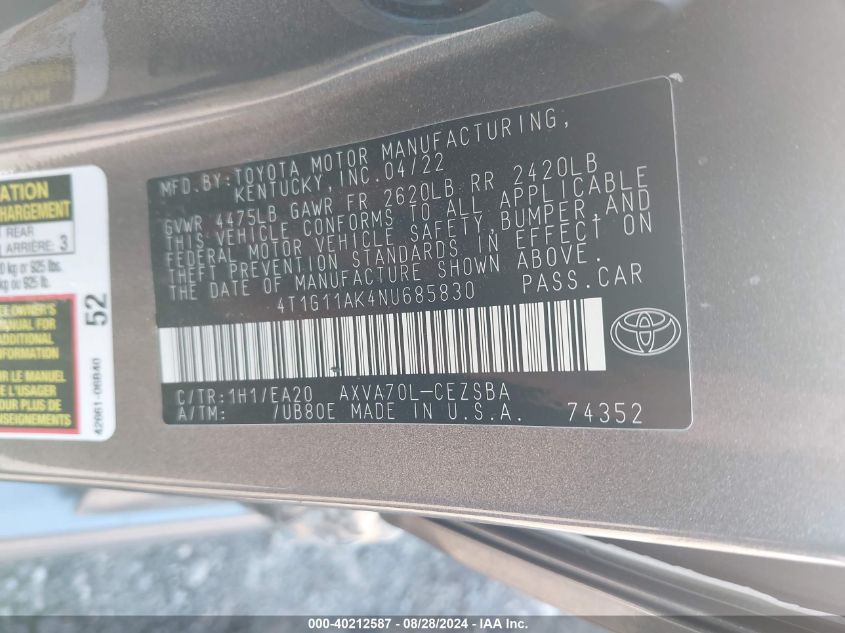 4T1G11AK4NU685830 2022 Toyota Camry Se