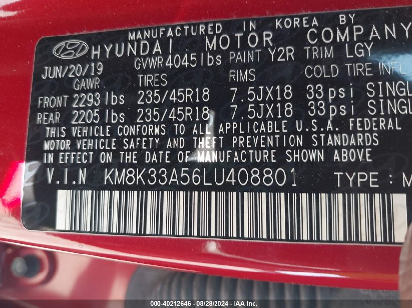 2020 Hyundai Kona Limited VIN: KM8K33A56LU408801 Lot: 40212646