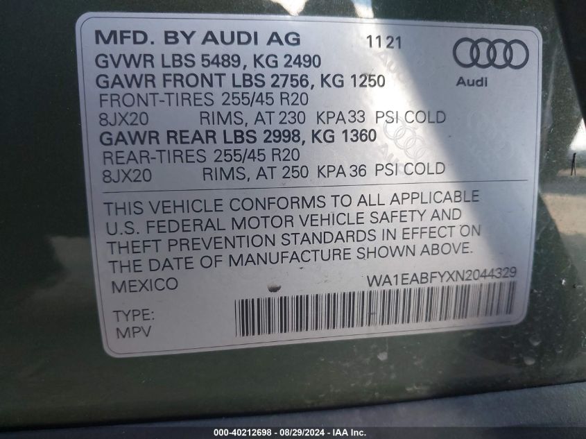 2022 Audi Q5 Premium Plus 45 Tfsi S Line Quattro S Tronic VIN: WA1EABFYXN2044329 Lot: 40212698