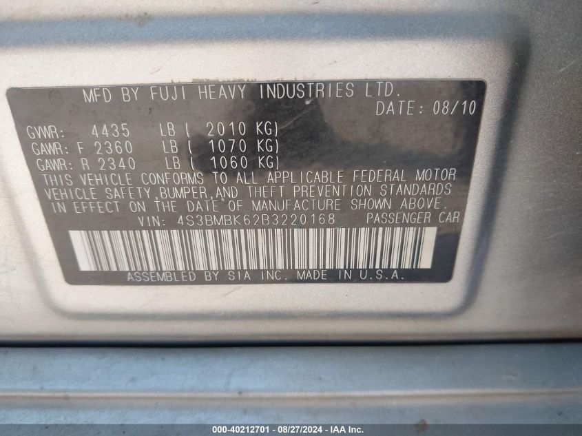 2011 Subaru Legacy 2.5I Limited VIN: 4S3BMBK62B3220168 Lot: 40212701