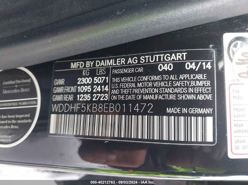 2014 Mercedes-Benz E 350 VIN: WDDHF5KB8EB011472 Lot: 40212763