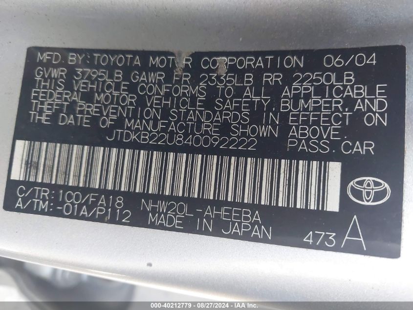 2004 Toyota Prius VIN: JTDKB22U840092222 Lot: 40212779