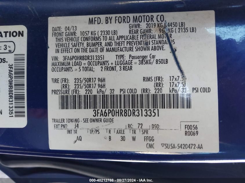 2013 Ford Fusion Se VIN: 3FA6P0HR8DR313351 Lot: 40212788