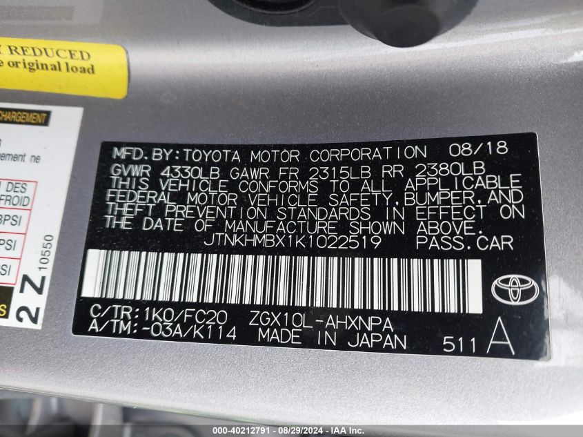 JTNKHMBX1K1022519 2019 Toyota C-Hr Le