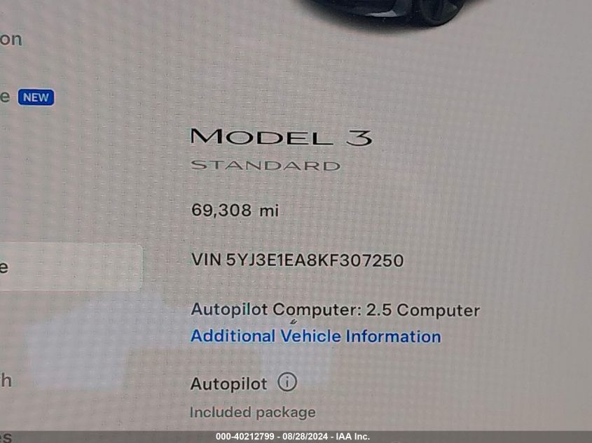 2019 Tesla Model 3 Long Range/Mid Range/Standard Range/Standard Range Plus VIN: 5YJ3E1EA8KF307250 Lot: 40212799