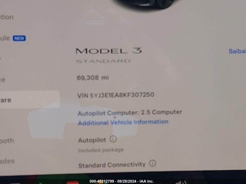 2019 Tesla Model 3 Long Range/Mid Range/Standard Range/Standard Range Plus VIN: 5YJ3E1EA8KF307250 Lot: 40212799