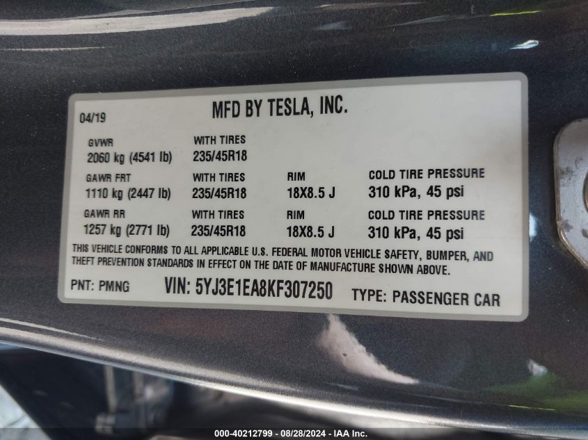 2019 Tesla Model 3 Long Range/Mid Range/Standard Range/Standard Range Plus VIN: 5YJ3E1EA8KF307250 Lot: 40212799