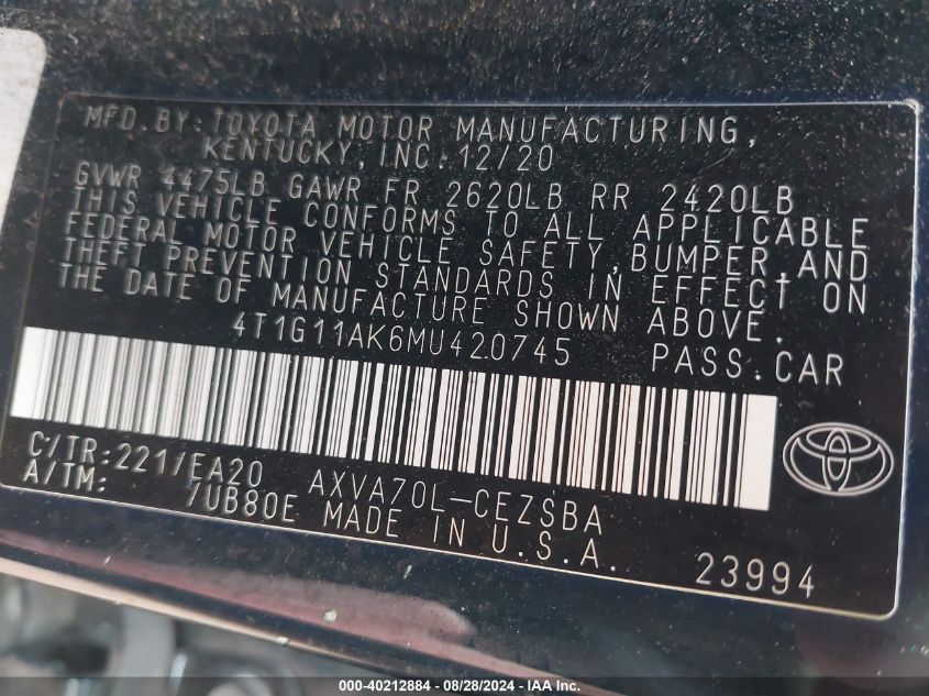 4T1G11AK6MU420745 2021 Toyota Camry Se