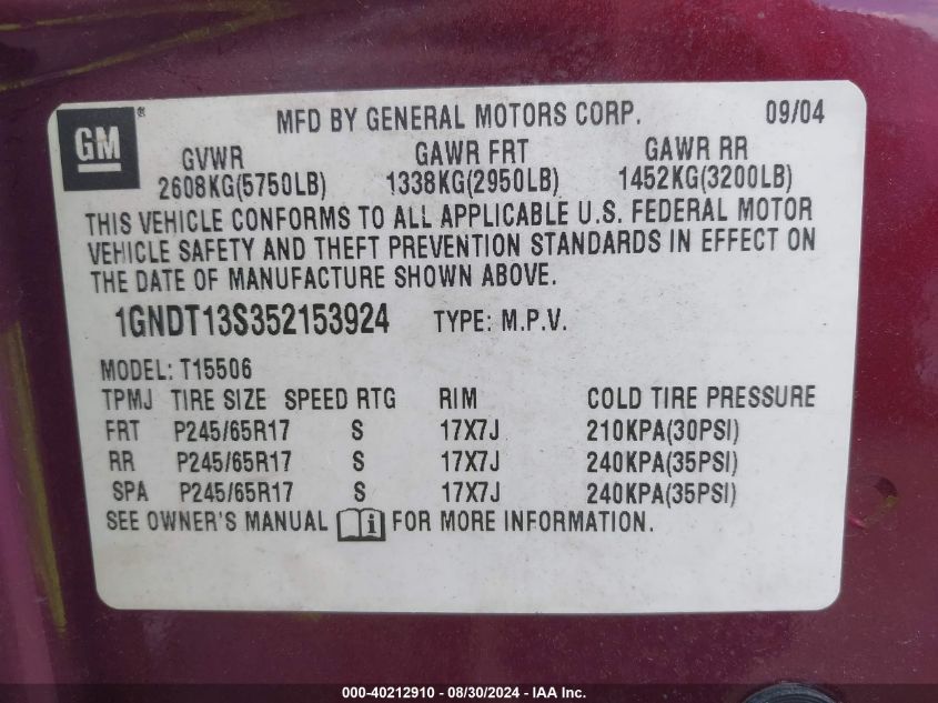 1GNDT13S352153924 2005 Chevrolet Trailblazer Lt