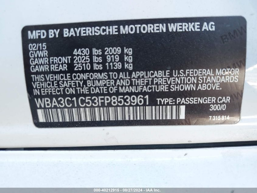 2015 BMW 328I VIN: WBA3C1C53FP853961 Lot: 40212915