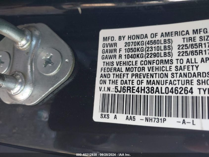 2010 Honda Cr-V Lx VIN: 5J6RE4H38AL046264 Lot: 40212938