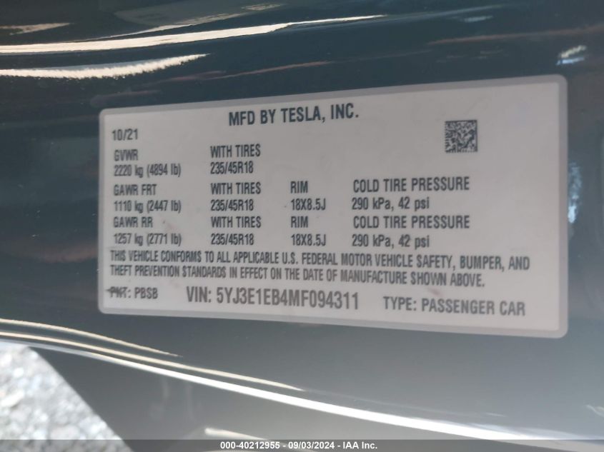 2021 Tesla Model 3 Long Range Dual Motor All-Wheel Drive VIN: 5YJ3E1EB4MF094311 Lot: 40212955