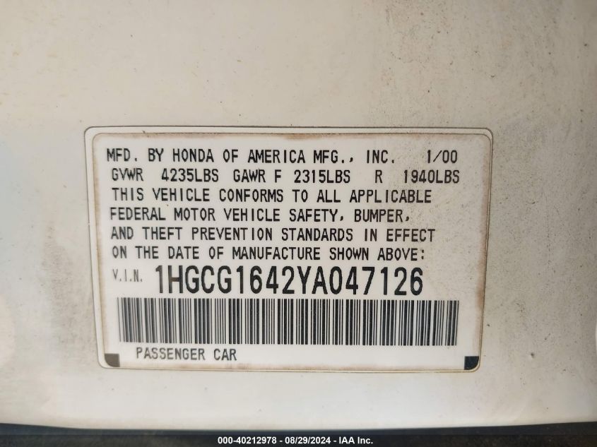 2000 Honda Accord 3.0 Lx VIN: 1HGCG1642YA047126 Lot: 40212978