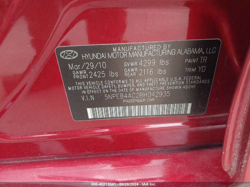 5NPEB4AC2BH042935 2011 Hyundai Sonata Gls