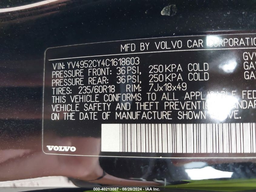 2012 Volvo Xc90 3.2/3.2 Platinum/3.2 Premier Plus VIN: YV4952CY4C1618603 Lot: 40213087