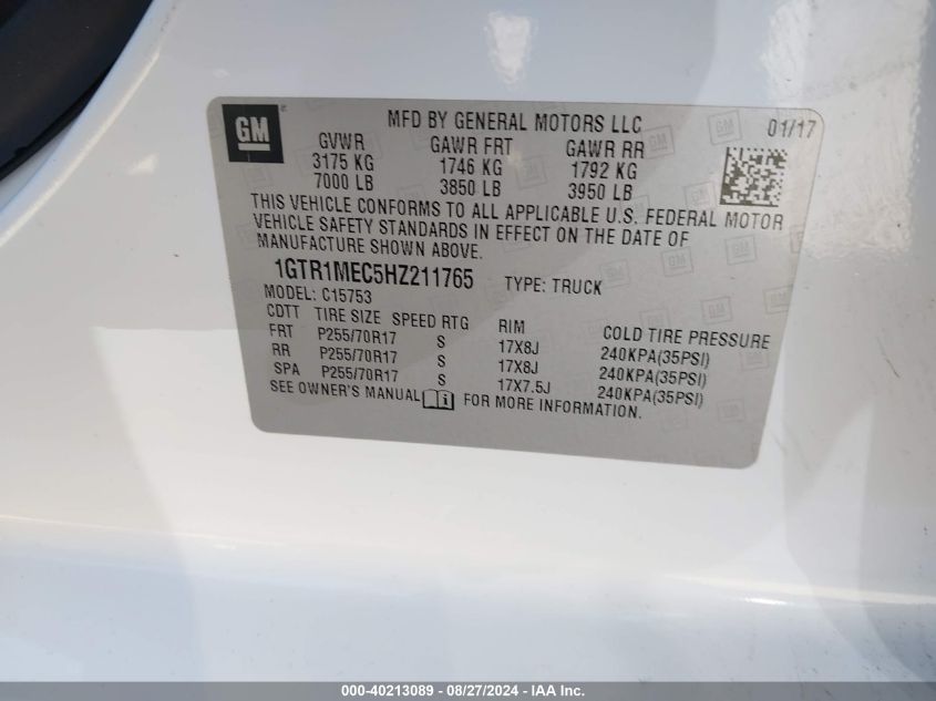 2017 GMC Sierra 1500 Sle VIN: 1GTR1MEC5HZ211765 Lot: 40213089