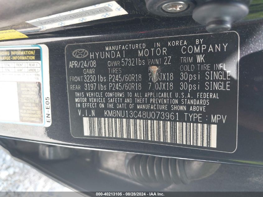 2008 Hyundai Veracruz Gls/Limited/Se VIN: KM8NU13C48U073961 Lot: 40213105