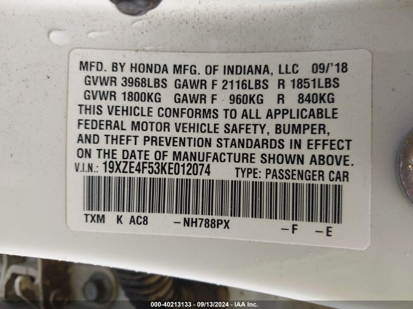 2019 Honda Insight Ex VIN: 19XZE4F53KE012074 Lot: 40213133