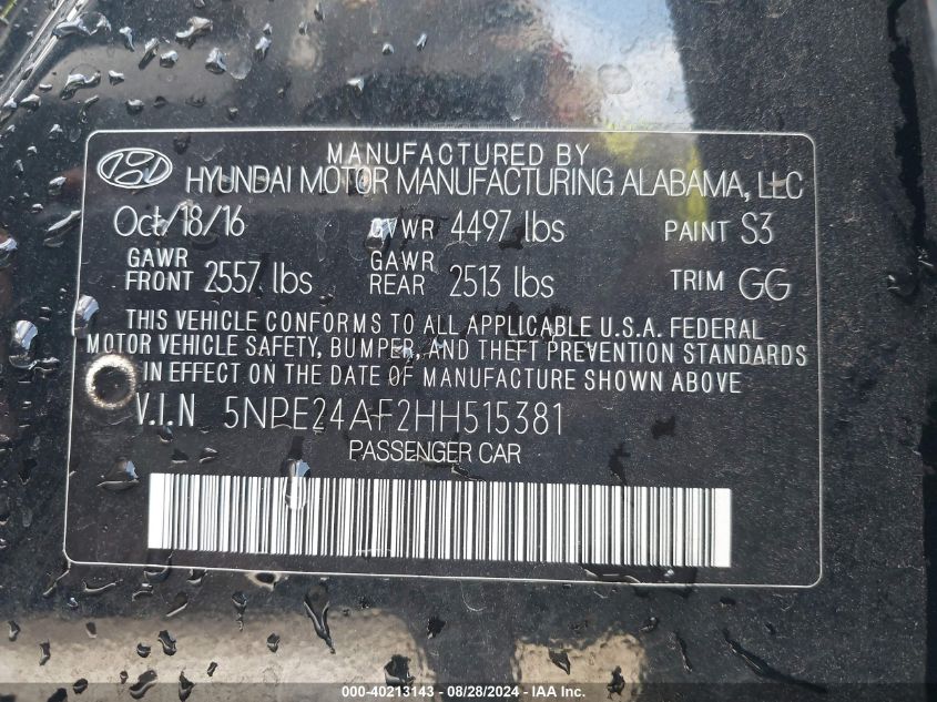 5NPE24AF2HH515381 2017 Hyundai Sonata Se