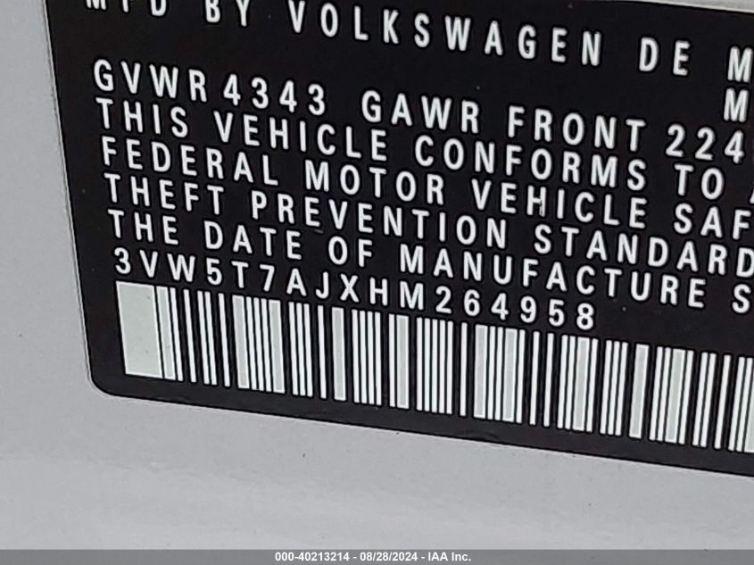 2017 Vw Jetta Gli VIN: 3BW5T7AJXHM264958 Lot: 40213214