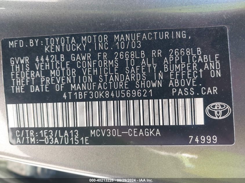 4T1BF30K84U569621 2004 Toyota Camry Xle V6