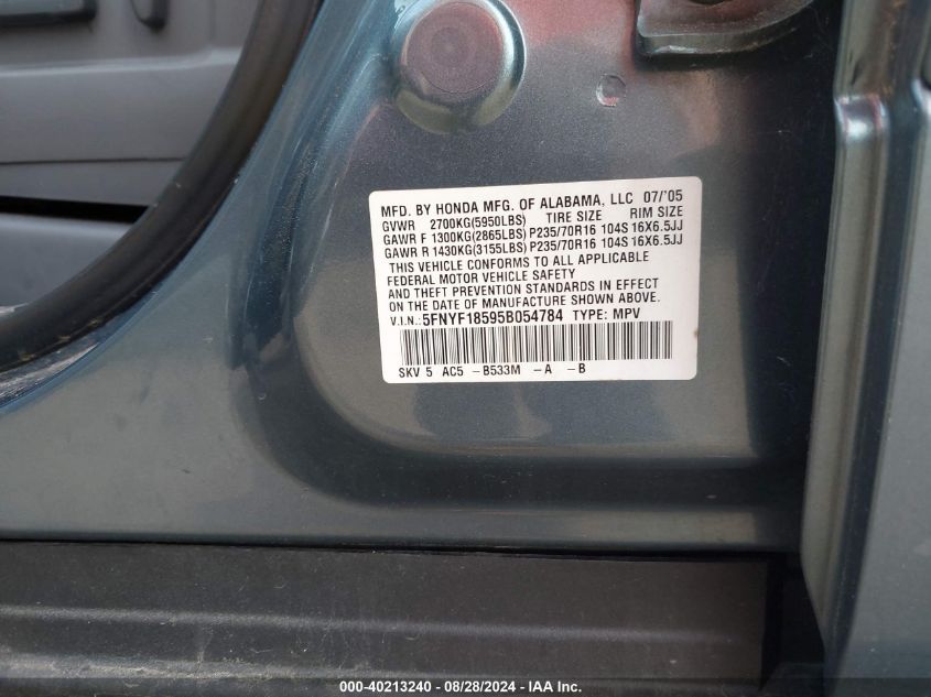 2005 Honda Pilot Ex-L VIN: 5FNYF18595B054784 Lot: 40213240