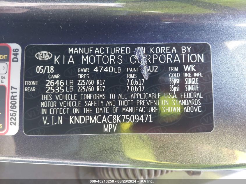 VIN KNDPMCAC8K7509471 2019 KIA SPORTAGE LX