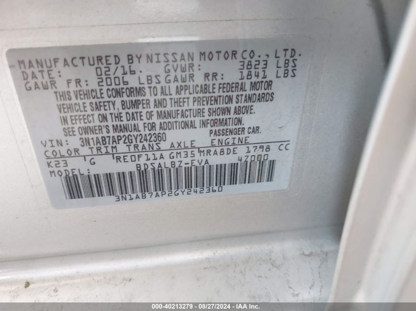 3N1AB7AP2GY242360 2016 Nissan Sentra S