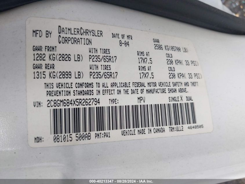 2005 Chrysler Pacifica Touring VIN: 2C8GM684X5R262794 Lot: 40213347