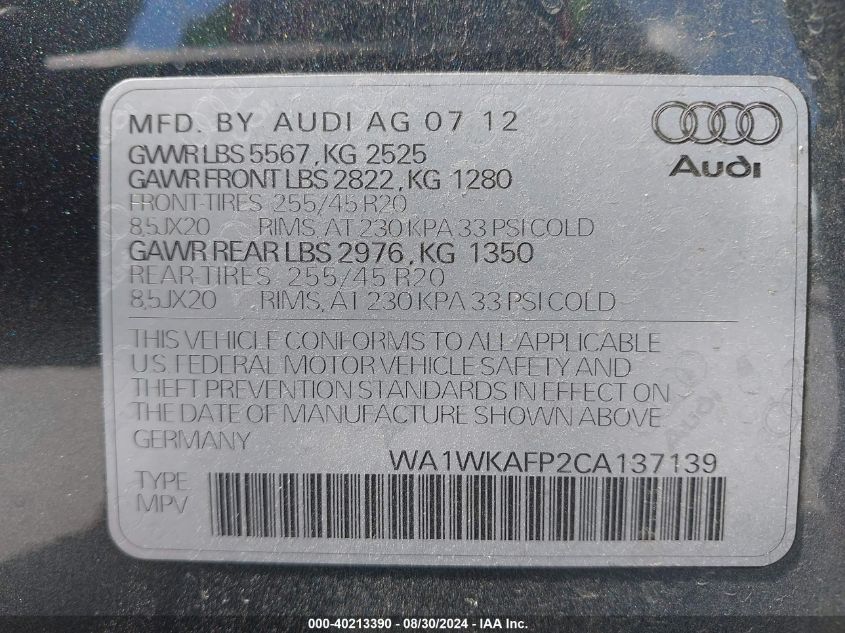 2012 Audi Q5 3.2 Premium VIN: WA1WKAFP2CA137139 Lot: 40213390