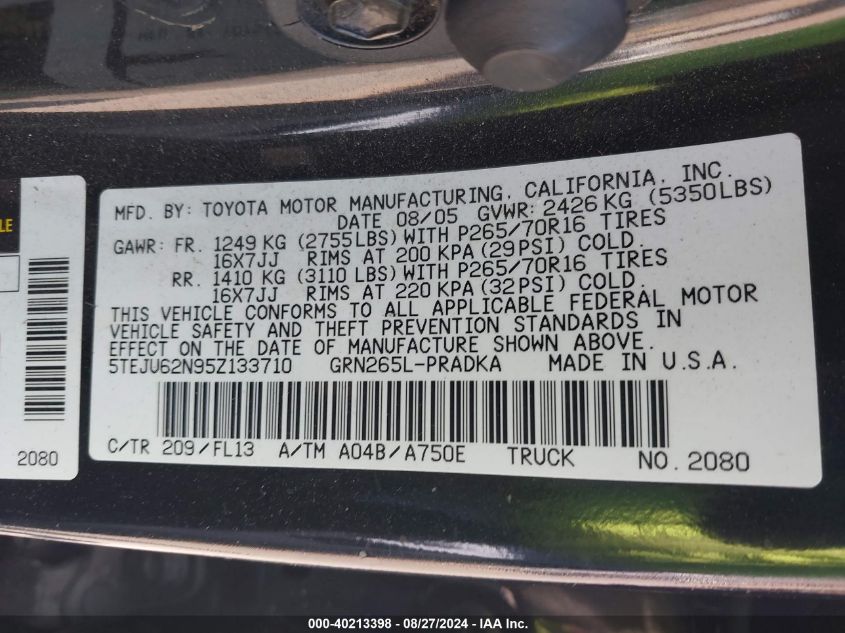 2005 Toyota Tacoma Prerunner V6 VIN: 5TEJU62N95Z133710 Lot: 40213398