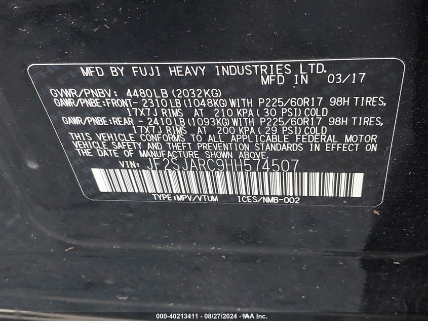 2017 SUBARU FORESTER 2.5I LIMITED - JF2SJARC9HH574507