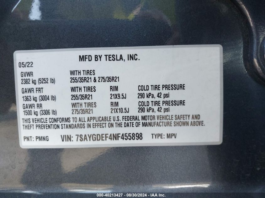 2022 Tesla Model Y Performance Dual Motor All-Wheel Drive VIN: 7SAYGDEF4NF455898 Lot: 40213427