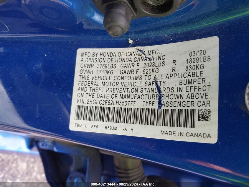 VIN 2HGFC2F62LH550777 2020 HONDA CIVIC LX