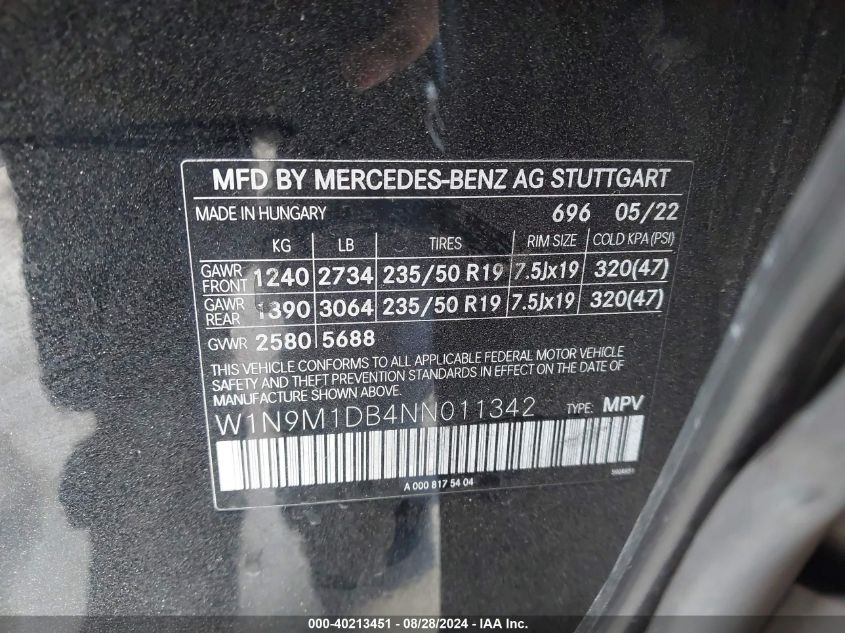 W1N9M1DB4NN011342 2022 Mercedes-Benz Eqb 350 Suv 4Matic