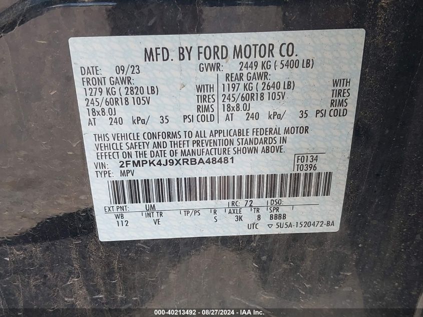 2024 Ford Edge Sel VIN: 2FMPK4J9XRBA48481 Lot: 40213492