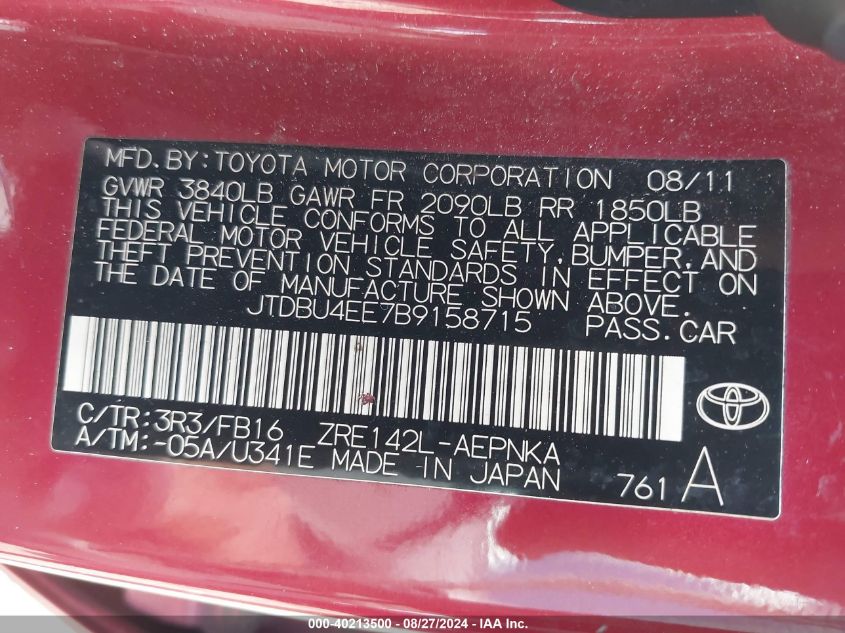 2011 Toyota Corolla Le VIN: JTDBU4EE7B9158715 Lot: 40213500