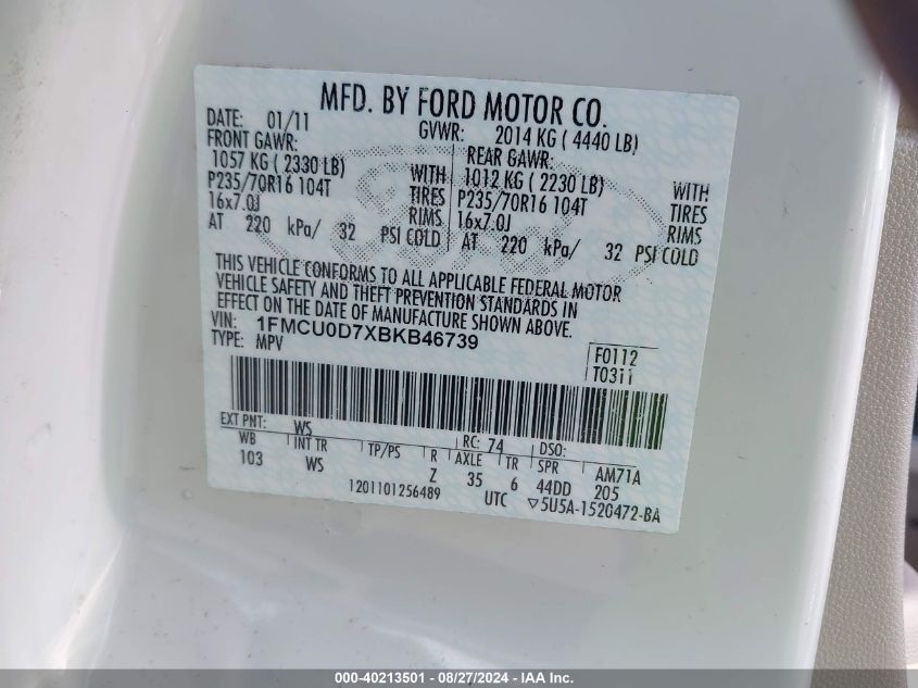 2011 Ford Escape Xlt VIN: 1FMCU0D7XBKB46739 Lot: 40213501