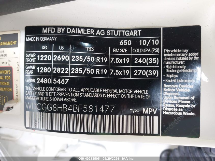 2011 Mercedes-Benz Glk 350 4Matic VIN: WDCGG8HB4BF581477 Lot: 40213505