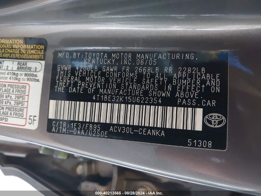 2005 Toyota Camry Le VIN: 4T1BE32K15U622354 Lot: 40213565