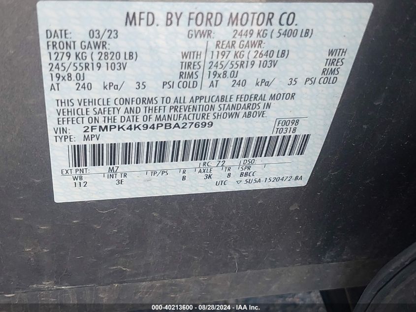 2023 Ford Edge Titanium VIN: 2FMPK4K94PBA27699 Lot: 40213600