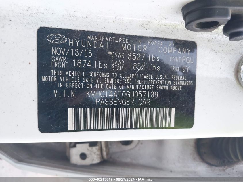 2016 Hyundai Accent Se VIN: KMHCT4AE0GU057139 Lot: 40213617