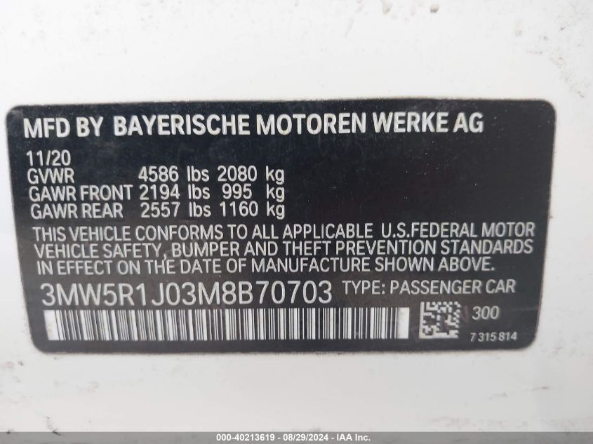 2021 BMW 330I VIN: 3MW5R1J03M8B70703 Lot: 40213619