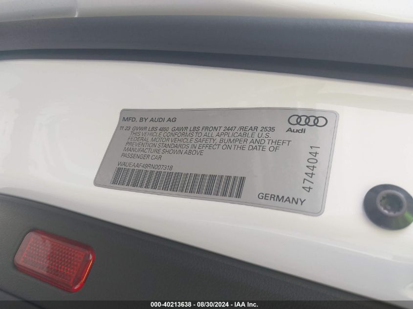 2024 Audi A4 Premium Plus 45 Tfsi S Line Quattro S Tronic VIN: WAUEAAF49RN007318 Lot: 40213638