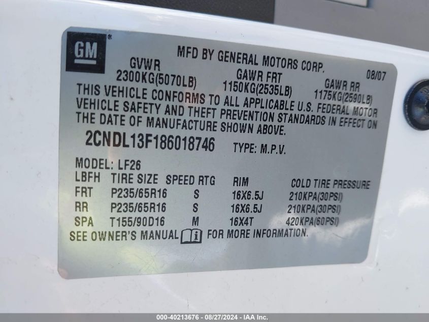 2008 Chevrolet Equinox Ls VIN: 2CNDL13F186018746 Lot: 40213676